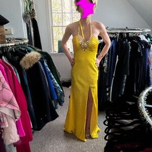 Yellow Halter Evening Gown with Front Slit